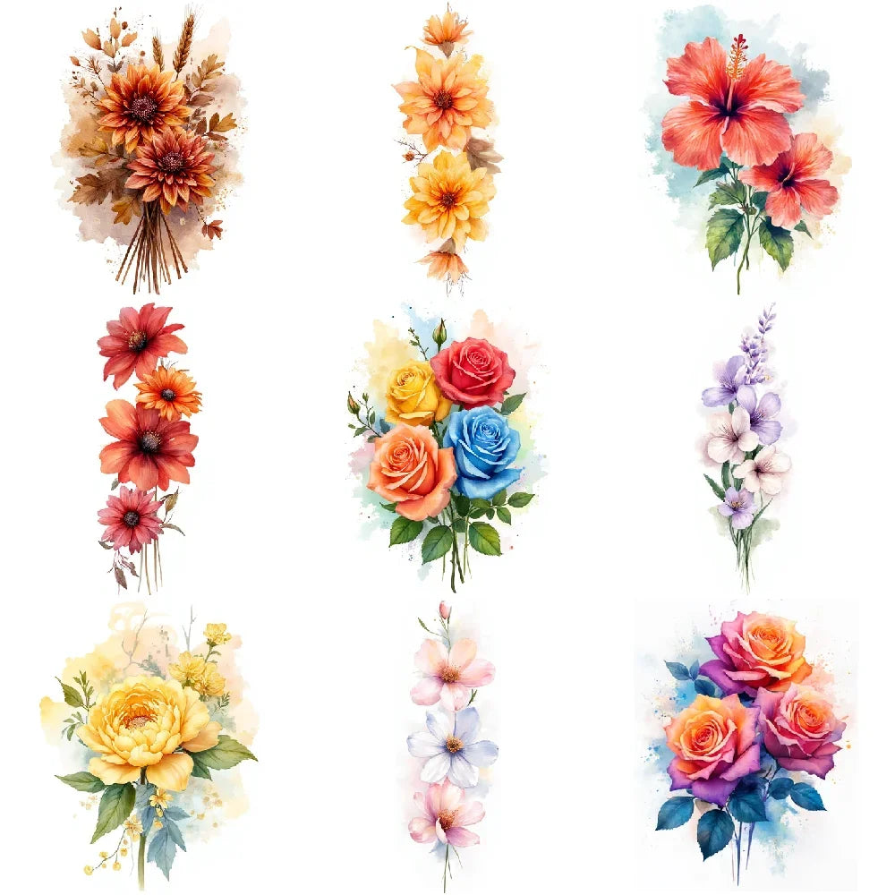 9pcs Colorful Flower Temporary Tattoos Stickers 3D Disposable Body Arm Tatoo Sticker Men Women Waterproof Fake Tatoos