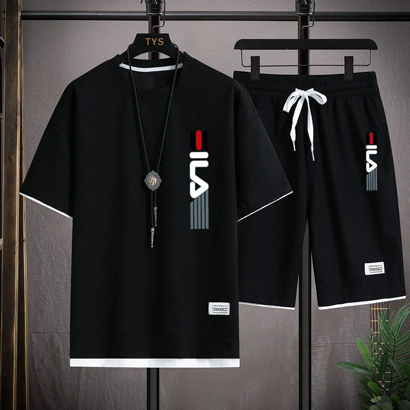Men's summer 2026 fashionable outdoor new casual short sleeved T-shirt set, round neck hooded sweatshirt+sports shorts two-piece