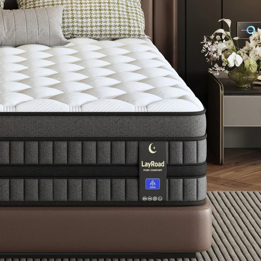 LayRoad 12-14IN Hybrid Mattress Medium Firmness Gel Memory Foam Spring Mattress Heat Dissipation Pressure Relief Boxed