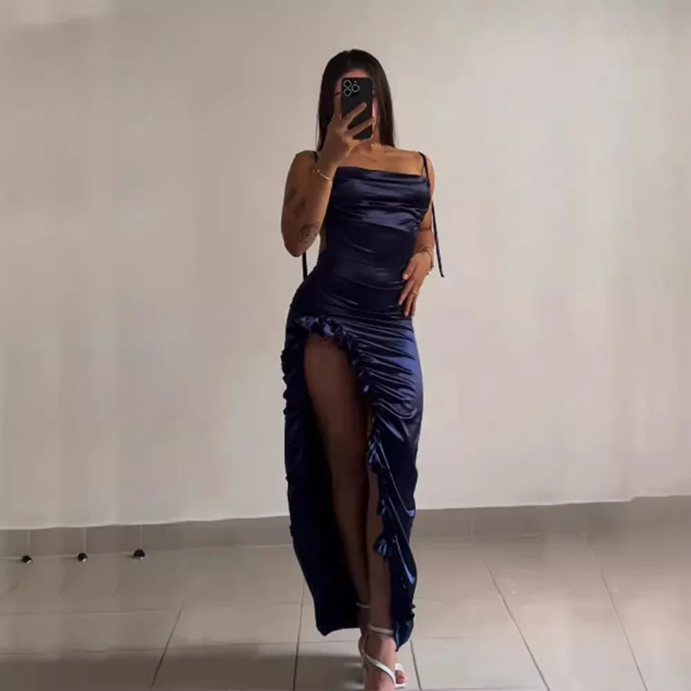 Korean Y2K Summer Sleeveless Lace-up Wrap Hip Pleated Dress Women Sexy Club Vintage Backless Bodycon Ruffles Slip Long Dresses