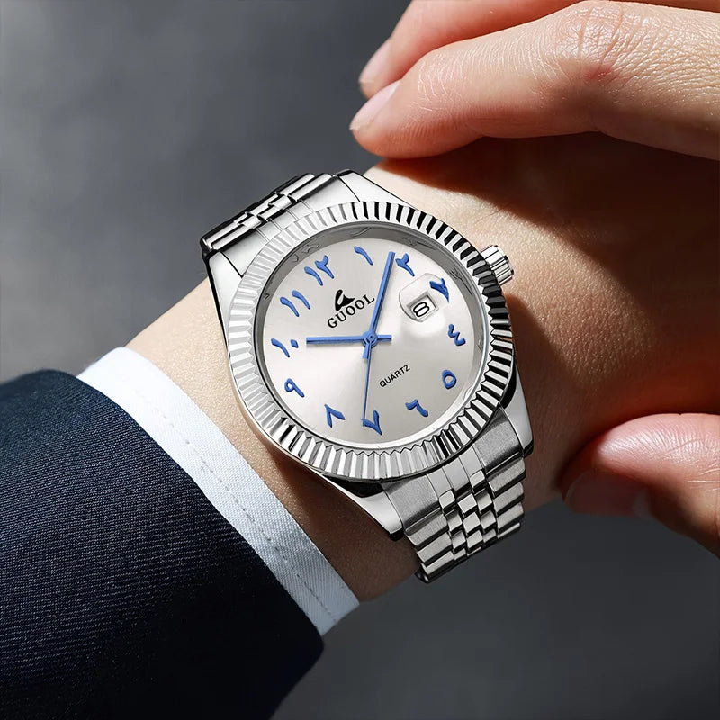 New Hot-Selling Men's Stainless Steel Five-Link Steel Band Watch with Arabic Numerals, Business Style, Round Case, Calendar Display Function, Valentine's Day Gift, Father's Day Gift, Holiday Gift, Halloween Gift
