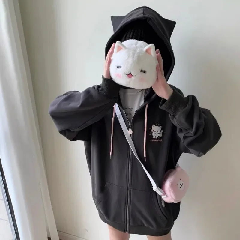 America Cartoon Cat Embroidery Cardigan Y2k Hooded Zipper Sweatshirt Women Streetwear Aesthetics Grunge Sweet Tops Harajuku Coat