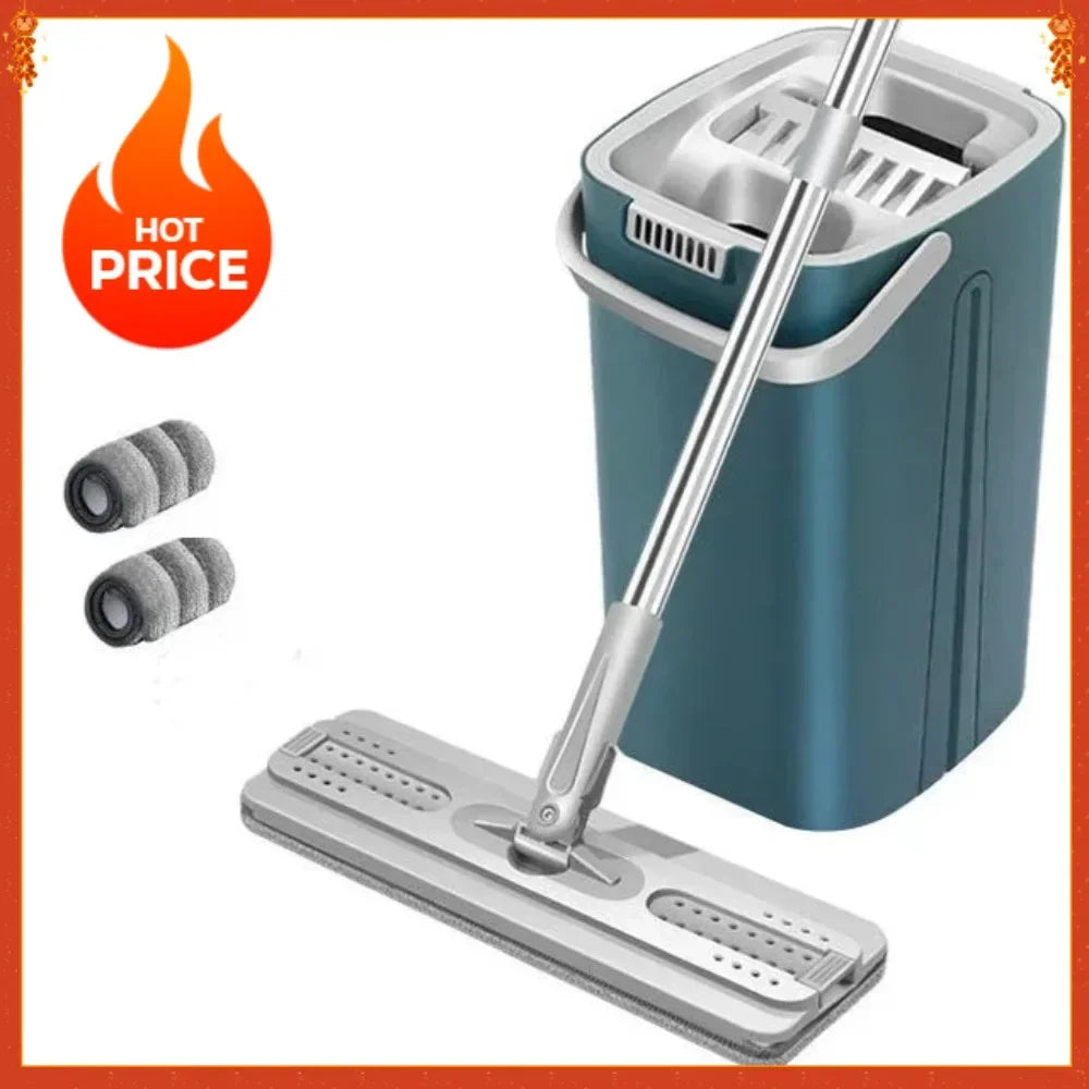 Self-washing Flat Floor Mop and Bucket Set Kitchen Household Cleaning Tool Microfiber Wiper Magic Extendable Wet Dry Daily Use
