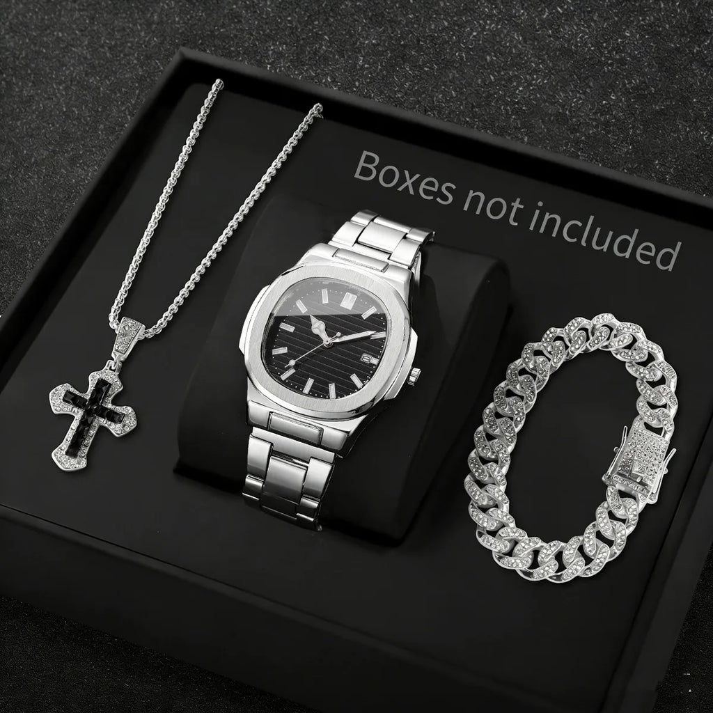 3PCS Fashion Men Business Watches Bracelet Necklace Set Square Dial Stainless Steel Band Quartz Watch with Calendar（Without Box）