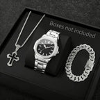 3PCS Fashion Men Business Watches Bracelet Necklace Set Square Dial Stainless Steel Band Quartz Watch with Calendar（Without Box）