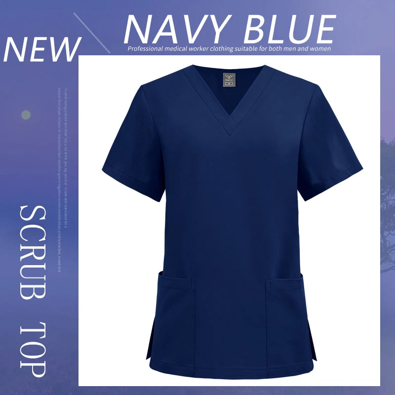 Women Men Solid Color Scrubs Top Short Sleeve Pockets Surgery Blouse V-neck Medical Clothes Unisex Dental Vet Surgical Uniforms