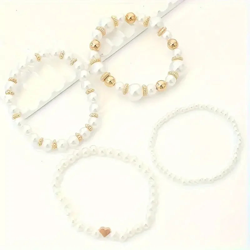 4pcs White Pearl Beaded Bracelets Set  for Women Fashion Chic Gold Color Design Hand Chain Bracelet Vintage French Jewelry Gifts