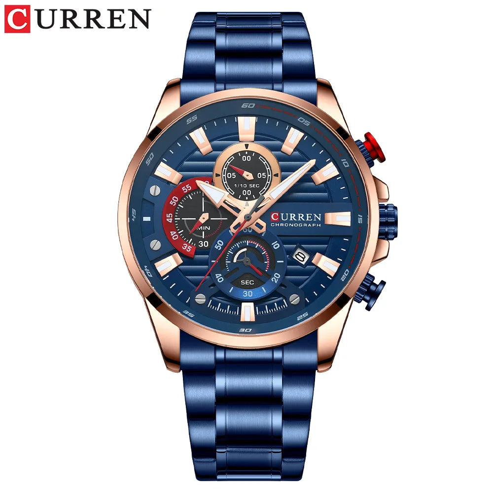 CURREN 8415 Men's Quartz Watch Fashion Unique Black Silvery Blue Clock Calendar Steel Strip Wristwatch for Male