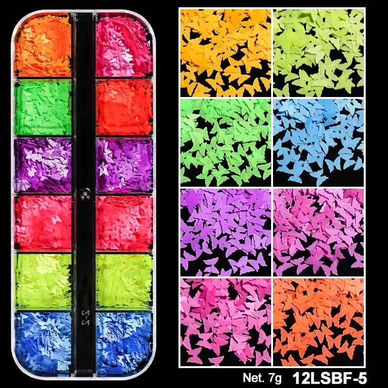 Holographic Sweet Love Heart Nail Art Glitter Sequins Shining Laser Fluorescence Star Butterfly 3D Nails Decorations Accessories