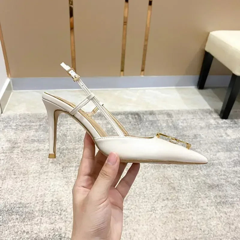 White Elegant Women's Stilettos Summer Fashion Sandals with Metal Buckle Baotou Pointed Back Design 2025 New Ladies' Shoes