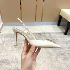 White Elegant Women's Stilettos Summer Fashion Sandals with Metal Buckle Baotou Pointed Back Design 2025 New Ladies' Shoes