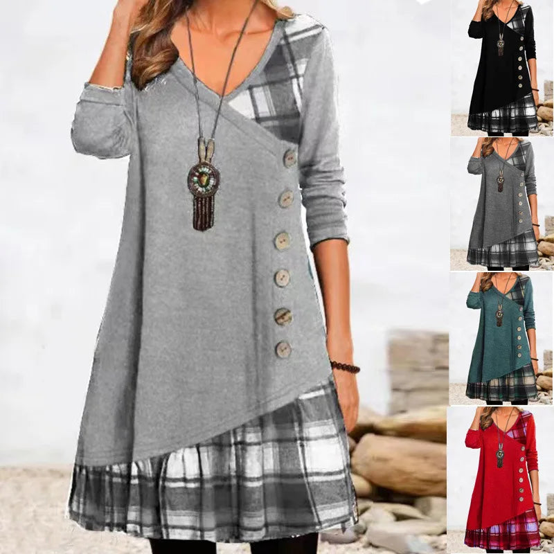 Dresses for Women, European and American Autumn and Winter Elegant Everyday Loose Party Dress with Buttons and Long Sleeves