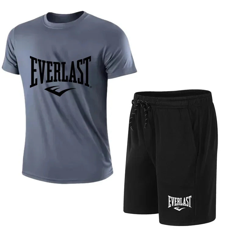 Men's T-shirt + Shorts 2-piece Set - Comfortable and Breathable Short-Sleeved Sporty Running Fitness Brand Printed Clothing