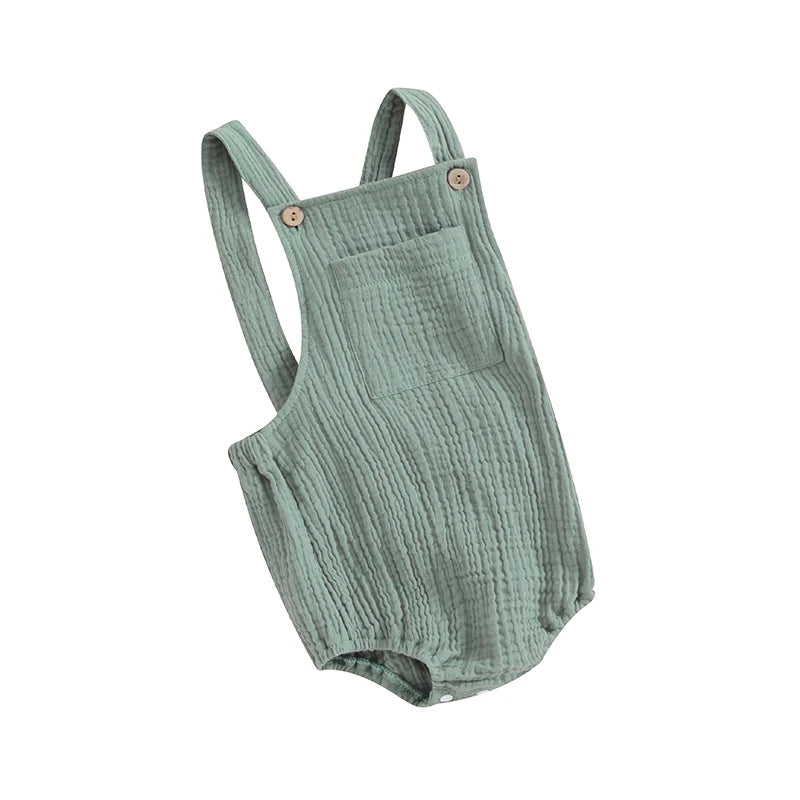 Pudcoco Baby Cotton Linen Suspender Overalls, Solid Color Sleeveless Square Neck Romper Outfit for Boys Girls 0-24M