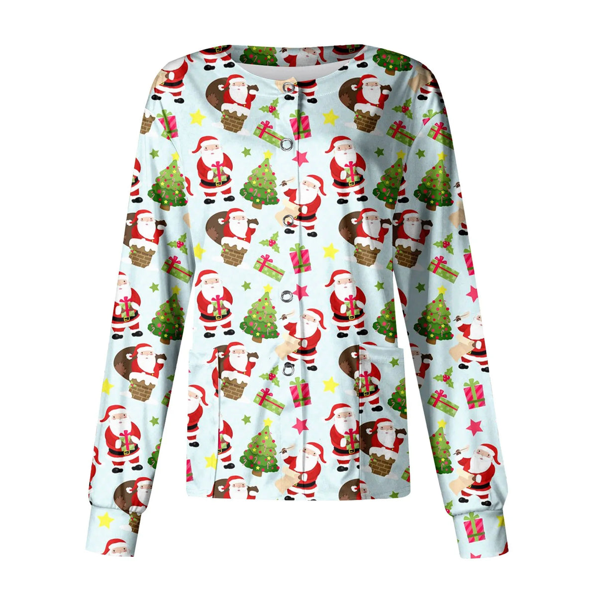 Christmas Womens Scrub Uniform Tops 2024 Long Sleeve Christmas Tree Printed Top Nurses Working T Shirts Blouse With Pockets