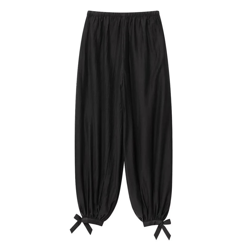 Woman's Pants Black Bloomber Trousers Wide Leg Pants For Women 2026 New Streetwear Elastic Waist Casual Solid Pants Bow Lace Up