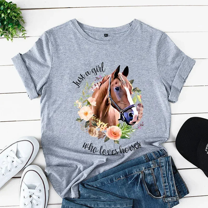 Just A Girl Love Horse Print Women T Shirt Short Sleeve O Neck Women Tshirt Flowar Horse Ladies Tee Shirt Tops Camisetas Mujer