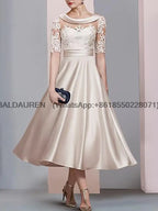 Mother of the Bride Dress Chiffon Lace Appliques Half Sleeve Tea-Length Formal Elegant Wedding Party Guest 2023 New customized