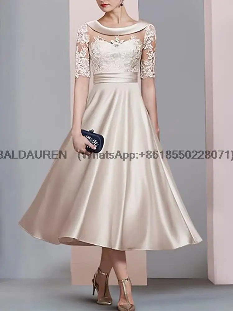 Mother of the Bride Dress Chiffon Lace Appliques Half Sleeve Tea-Length Formal Elegant Wedding Party Guest 2023 New customized