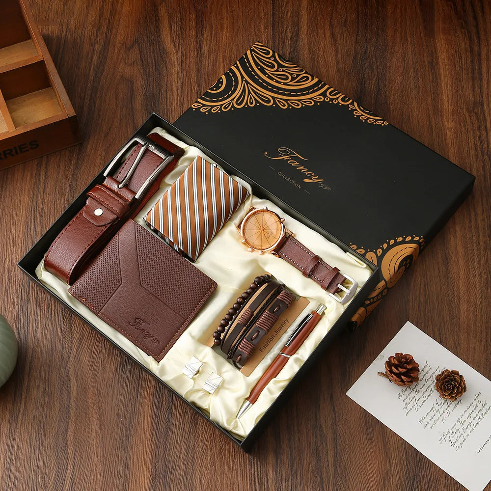 New Men Gift Set with Box Watch Bracelet Tie Cufflinks Ballpoint Pen Belt and Wallet Set for Men Boyfriend Son Dad Husband Gifts