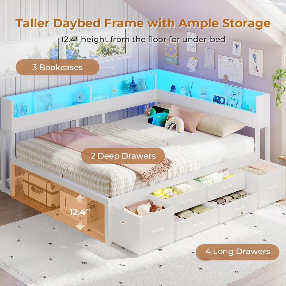 Corner Bed Frame Queen with Storage 6 Drawers, Daybed with Storage Bookcase | Daybed with LED Lights and Charging Station