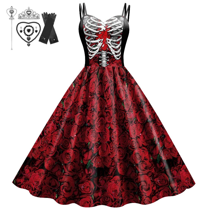 Halloween Costume Girl Fancy Skeleton Rose Print Dress Halloween Ghost Bride Vampire Cosplay Dress Kids Carnival Party Clothes