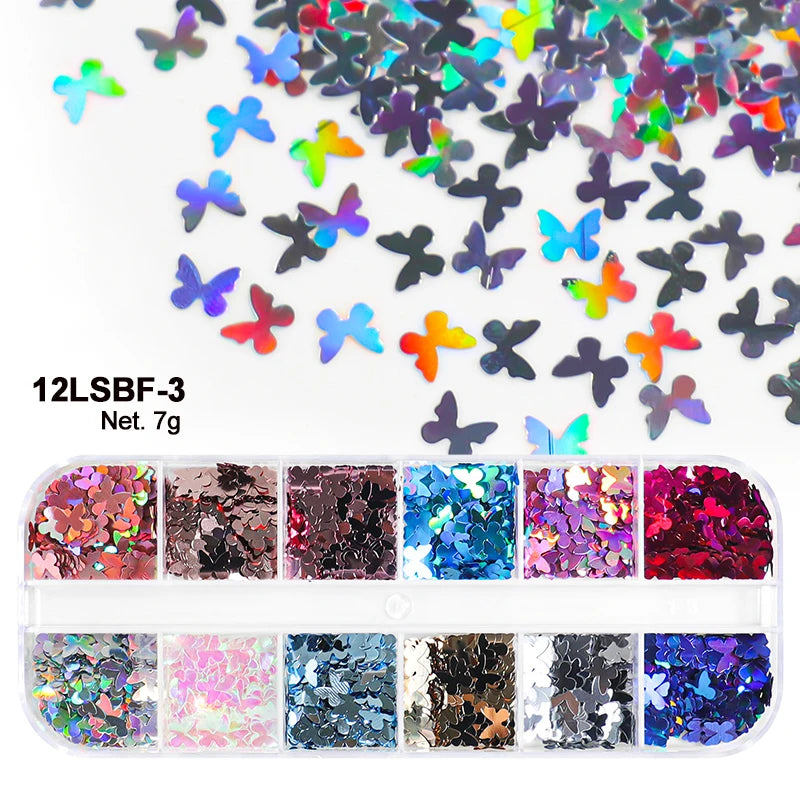 Holographic Sweet Love Heart Nail Art Glitter Sequins Shining Laser Fluorescence Star Butterfly 3D Nails Decorations Accessories