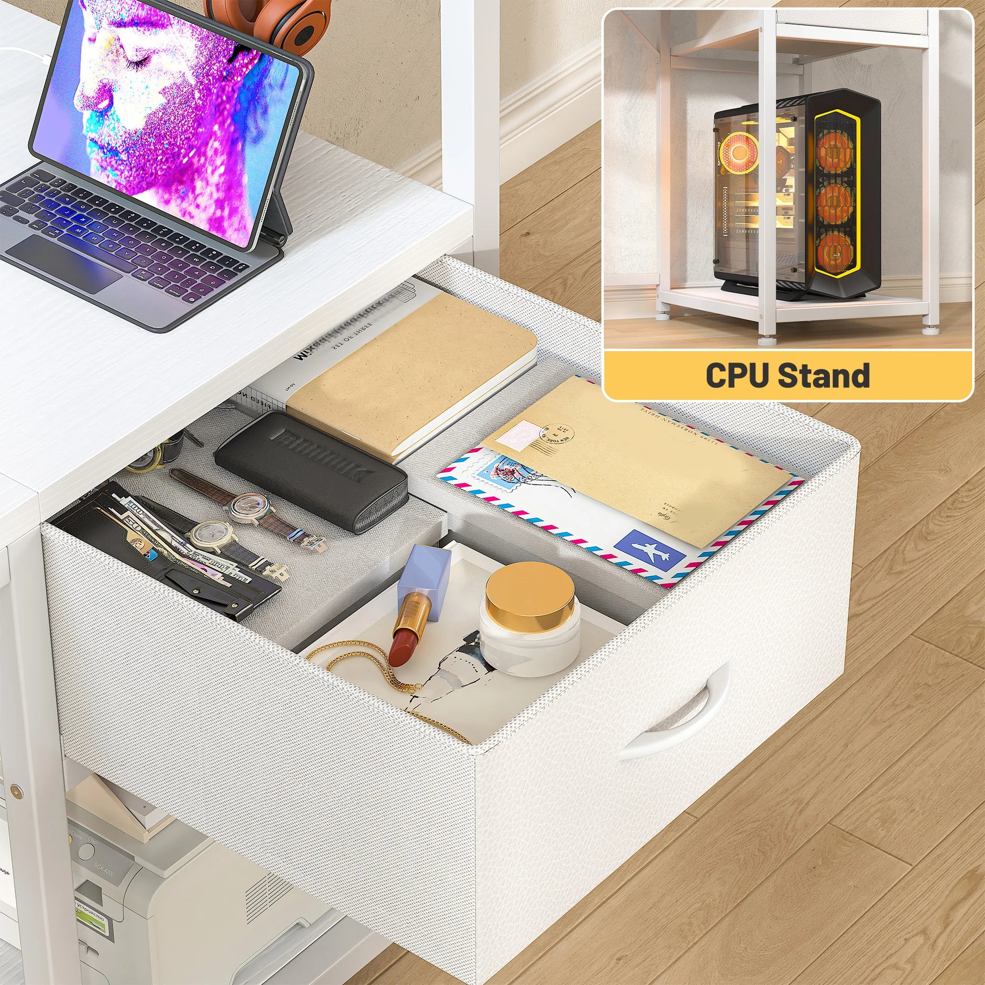 EnHomee 40"Gaming Computer Desk with Power Outlets RGB LED Lights Office Desk with Drawer Storage Shelves Monitor Stand For Small Space