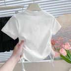 Summer Short Sleeved T-shirt Girls Fashionable Drawstring Top 3-8 Years Old Girl Pearl Love Sweet Cartoon Print Pullover