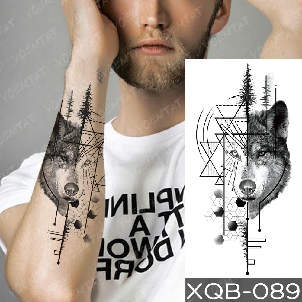 Waterproof Temporary Tattoo Sticker Forest Wolf Geometric Fierce Realistic Animal Body Art Arm Fake Tattoos Sleeve Women Men
