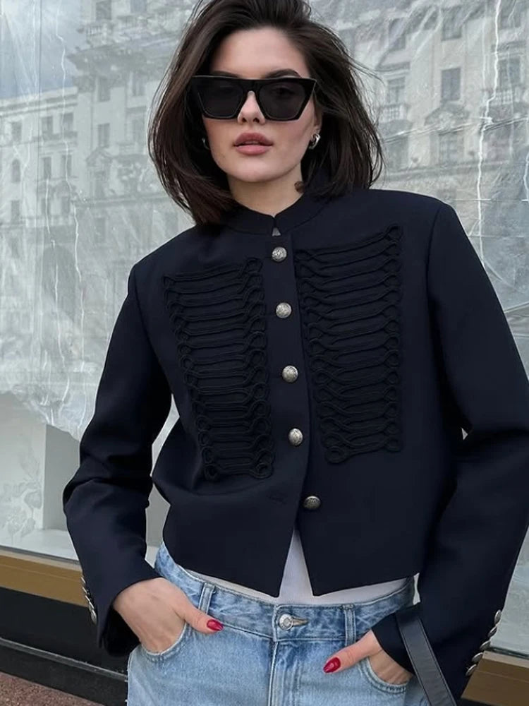 Retro Denim Military Jacket Women Vintage Solid Single Breasted Stand Collar Slim Short Coat 2026 Lady Daily Street Outerwear