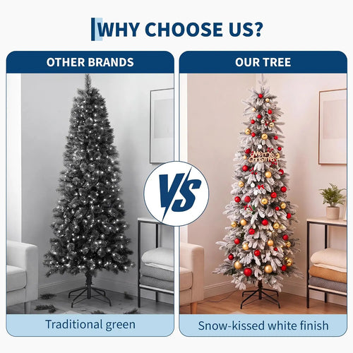 Garvee 6/7ft Pre-Lit White Snow Flocked Slim Pencil Christmas Tree PVC Realistic Tree with Metal Stand Flame Retardant Space Saving Holiday Decor Snow-Flocked Drooping Branches, 8 Light Functions, Slim Pencil Shape