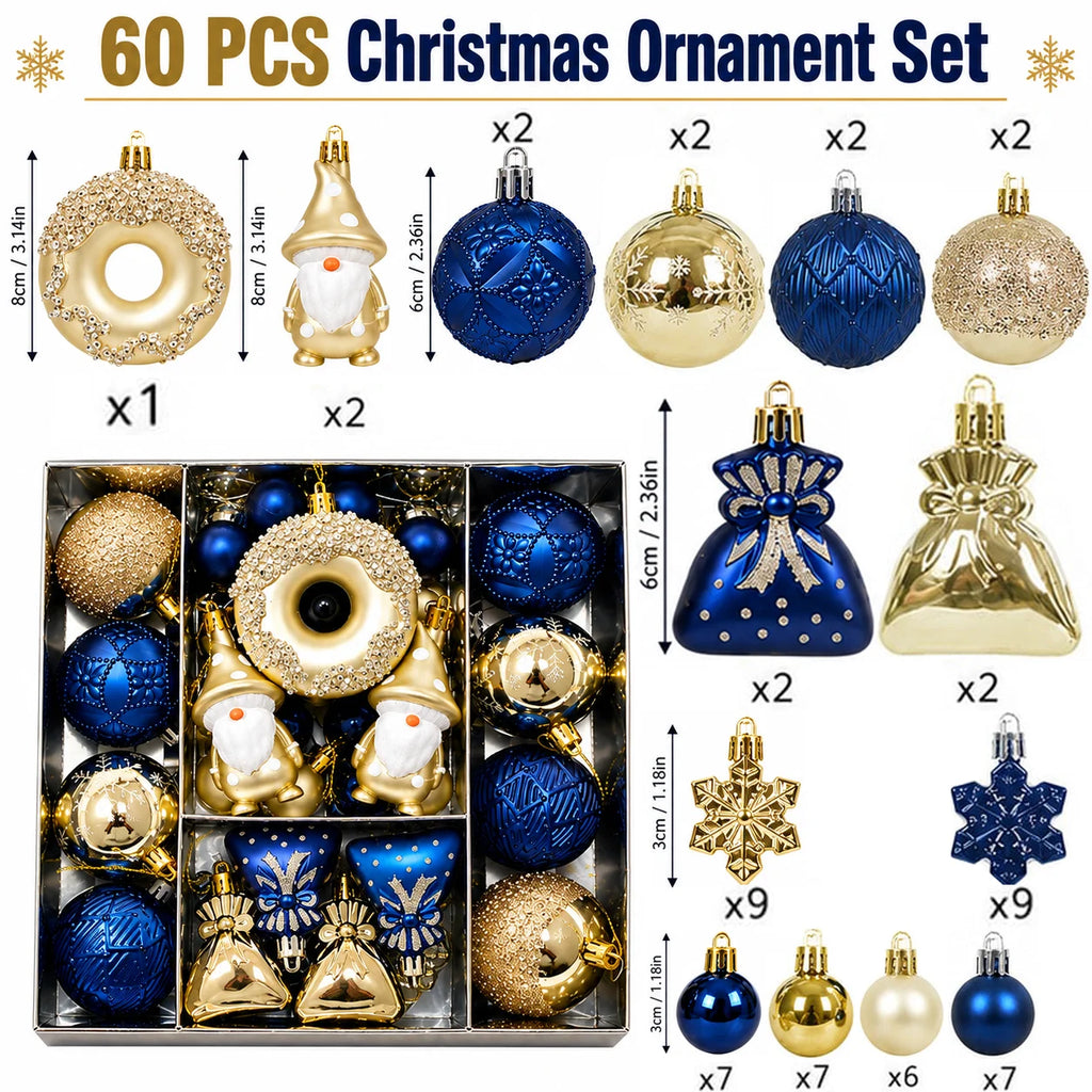 60Pcs Blue Gold Christmas Ornaments Set Shatterproof Multi Shapes Gnome Donut Snowflake Gift Balls Xmas Tree Hanging Party Decor