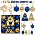 60Pcs Blue Gold Christmas Ornaments Set Shatterproof Multi Shapes Gnome Donut Snowflake Gift Balls Xmas Tree Hanging Party Decor