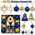 60Pcs Blue Gold Christmas Ornaments Set Shatterproof Multi Shapes Gnome Donut Snowflake Gift Balls Xmas Tree Hanging Party Decor