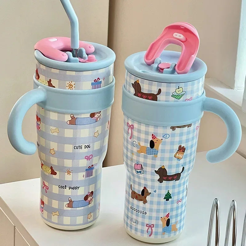 700/1200ml Large Capacity Straw Thermos Cup Stainless Steel Tumbler Bottle Car Travel Mugs With Handle Kawaii Thermos Cup Gift