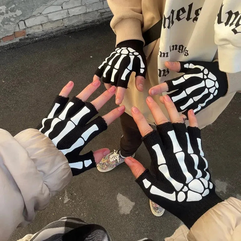 New Punk Gloves Unisex Halloween Skeleton Skull Half Finger Gloves Glow In The Dark Fingerless Stretch Knitted Winter Mittens