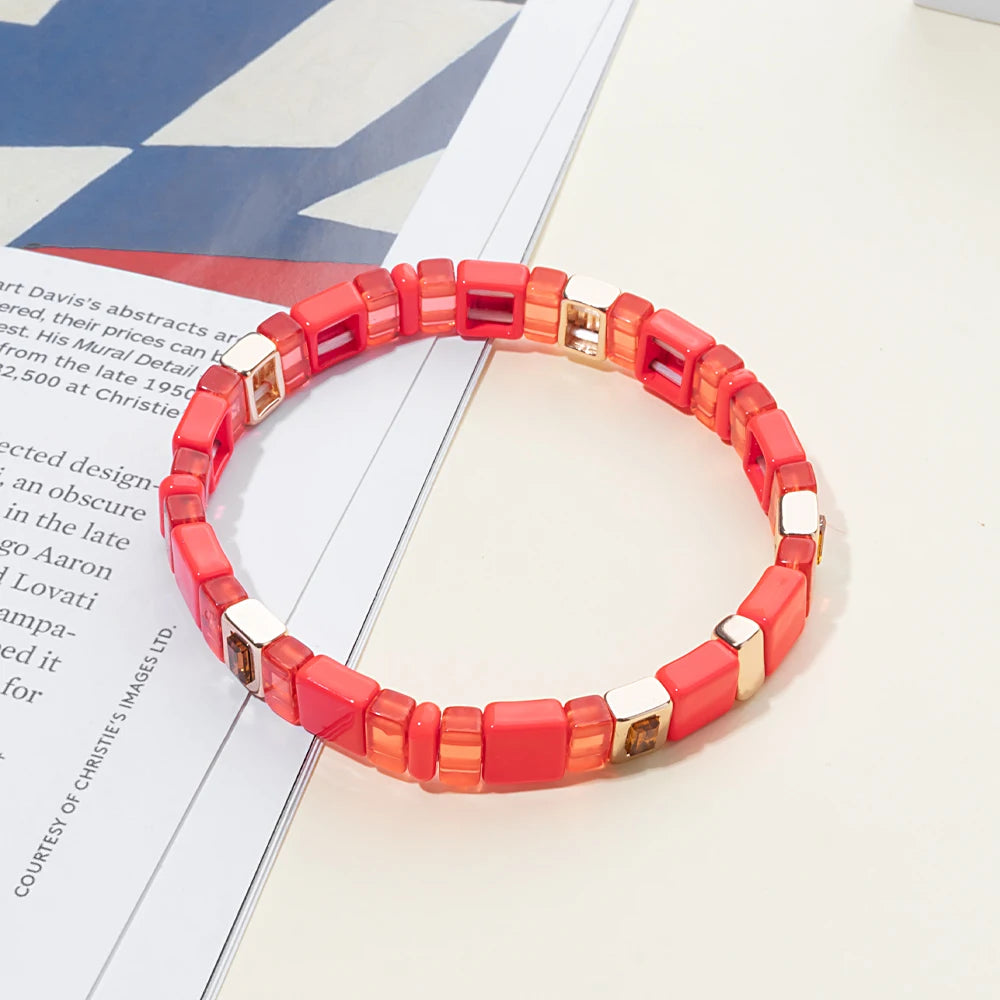 2024 New Design Acrylic Beads Bracelets For Women Red Green Flower Charm Bangle Inlaid Zirconia Beads Jewelry Sets