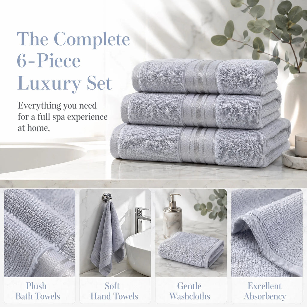 Luxury 6 Piece Towel Set, 2 Bath Towels 2 Hand Towel 2 Washcloths, 600 GSM 100% Cotton Turkish Towels for Bathroom, White Towel Sets
