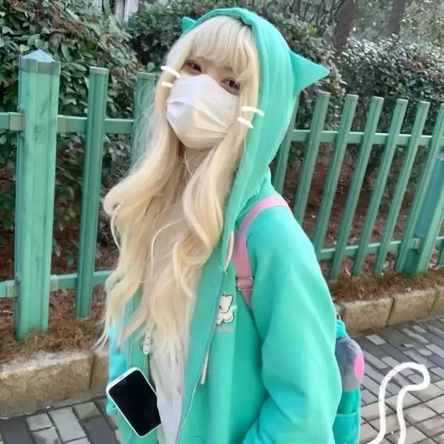 America Cartoon Cat Embroidery Cardigan Y2k Hooded Zipper Sweatshirt Women Streetwear Aesthetics Grunge Sweet Tops Harajuku Coat
