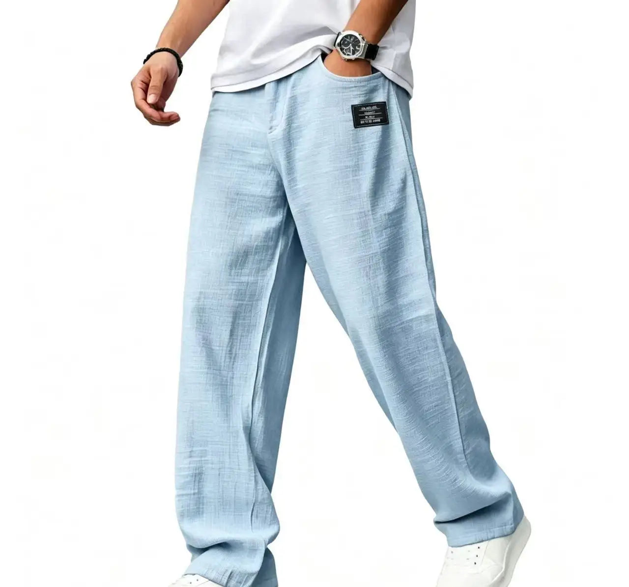 2026 Men Casual Linen Pants Solid Color Elastic Waist Loose Trousers Male Summer Breathable Lightweight Streetwear Joggers Pants