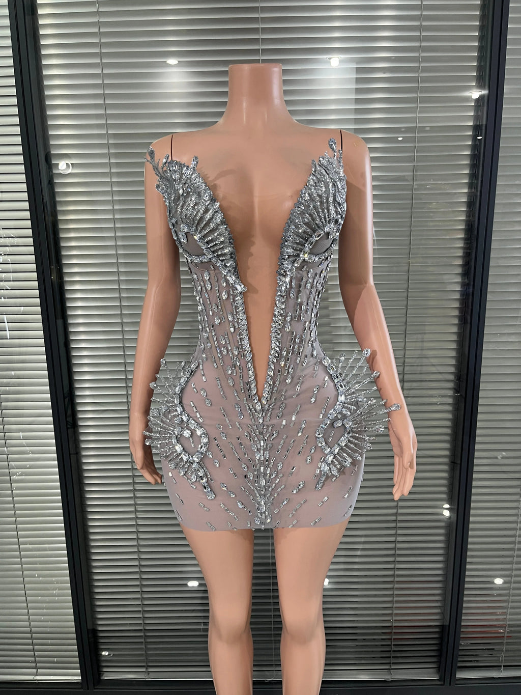 Luxury Deep V Neck and Sculptural Rhinestone Silver Crystal Mesh Mini Dress  Accents for Photoshoots and Red Carpet