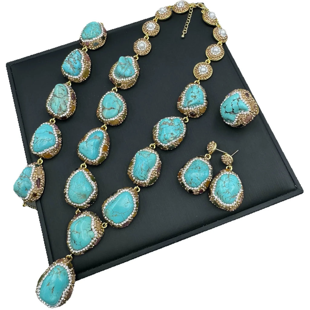 Ethnic style vintage turquoise natural pearl inlaid earrings, rings, bracelets, necklaces, jewelry four-piece set for women