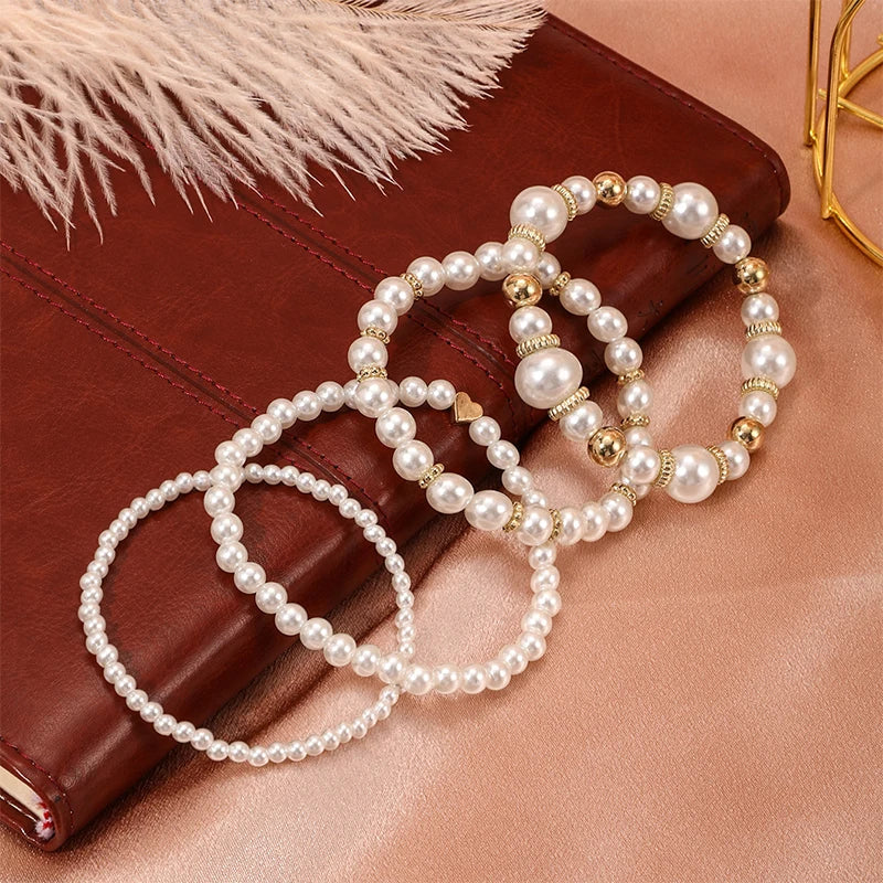 4Pcs Trendy Pearl Love Beaded Bracelet Set For Women Beads Adjustable Elastic Chain Bangle Female Luxury Party Jewelry Gift