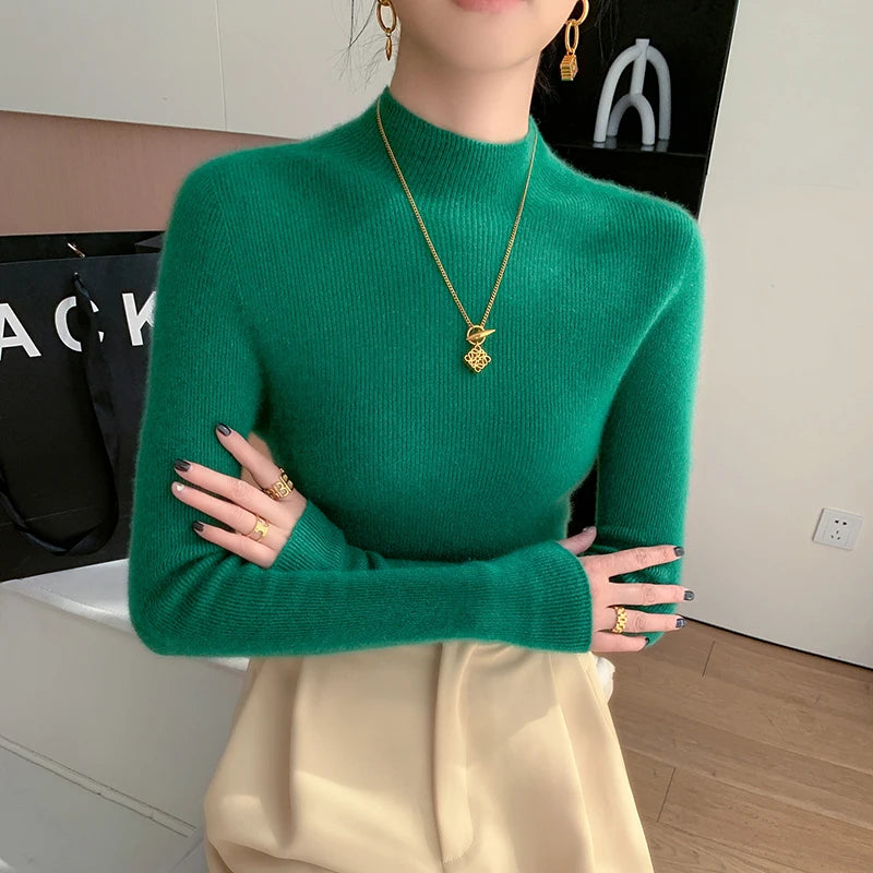 Autumn and Winter New Women's Cashmere Sweater 100% Pure Cashmere Semi High Neck Women's Pullover Soft Basic Women's Top