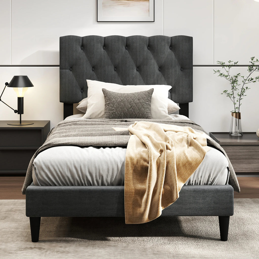 Twin Size Bed Frame with Button-Tufted Headboard & Wooden Slats Easy Assembly
