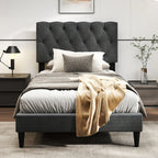 Twin Size Bed Frame with Button-Tufted Headboard & Wooden Slats Easy Assembly