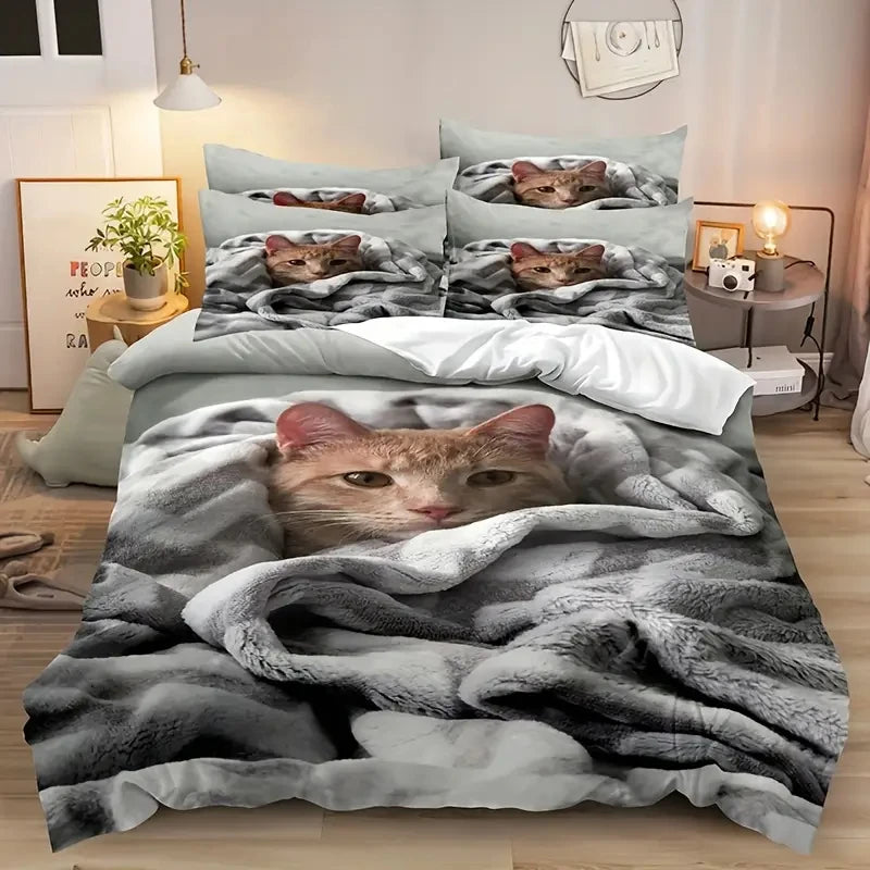 Cute Cat 3pcs Duvet Cover Set, 3D Digital Printed Duvet Cover, Soft Comfortable Breathable Bedding Set for Bedroom, Dorm