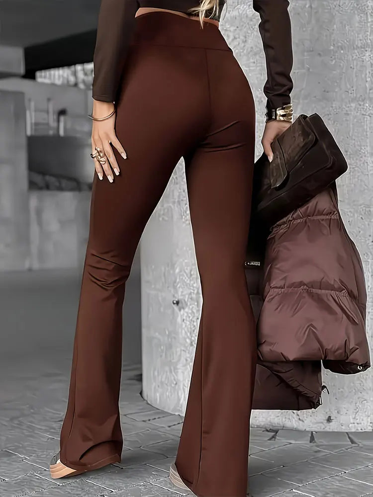 Elegant Wide Leg Flared Pants Solid Color Stretch Casual Trousers Suitable For Party Daily Wear All Seasons Women's Clothing
