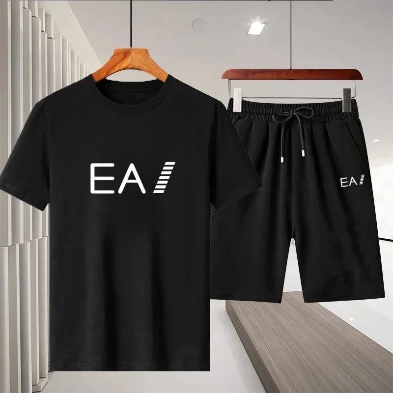 2026 Summer New Men Crew Neck Short Sleeve T-Shirt Sports Shorts 2 Piece Set Breathable Quick Dry Comfortable Casual Fitness